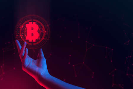 hand with ai data connect to social network for bitcoin money crypto currency trade business...