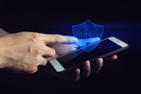 businessman hand finger touch on screen smartphone device for connecting to social network internet digital with data safety security cloud storage aiの写真素材