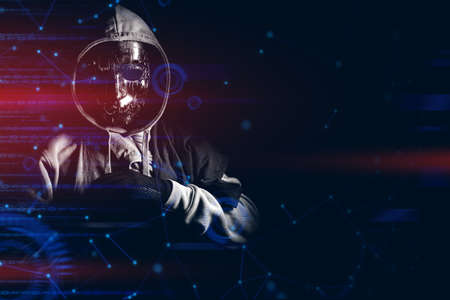 hacker man terrorist with virus computer attack to server network system online in data internet security hacking ai conceptの写真素材