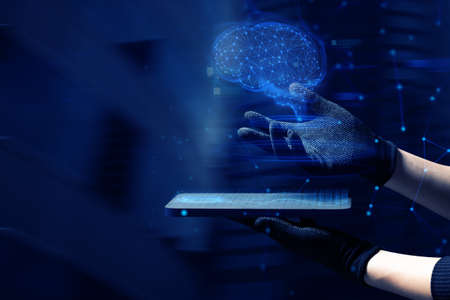 engineer officer technical manager working with  control the ai robotic machine system network by tablet touchscreen, command artificial intelligence for automation deep learningの写真素材