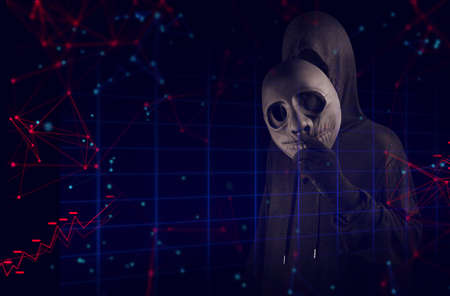 hacker man wear mask terrorist with virus computer attack to server network system online in data...