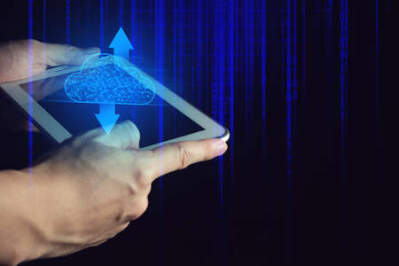 businessman holding the device of smartphone tablet computer for digital security social network...