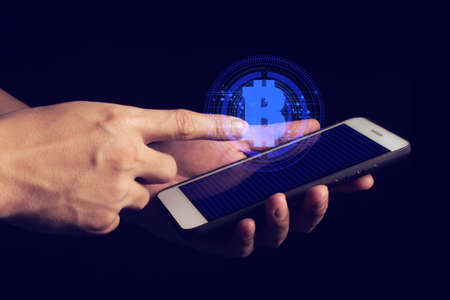 hand use smartphone with ai data connect to social network for bitcoin money crypto currency trade...
