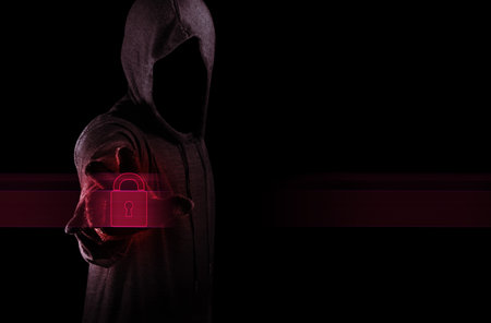 hacker man wear mask terrorist with virus computer attack to server network system online in data...