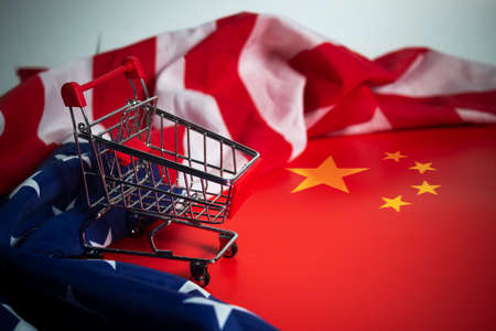 global financial trade war of america vs china battle, market economy of demand money challenge, dollar and yuan crisisの写真素材