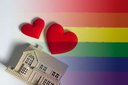 gay lgbt rainbow pride color love heart on human hand holding, happy freedom of homosexuality gender festival event conceptの写真素材