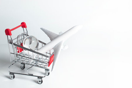 travel transportation by airplane, vacation tour, online shopping cart, technology with internet