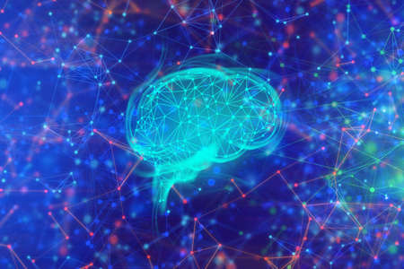 network social online, background 3d illustration rendering, machine deep learning, data cloud storage digital, science neuron, plexus cell brain, futuristic connecting, technology systemの写真素材