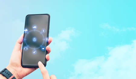 businessman hand finger touch on screen smartphone device for connecting to social network internet...