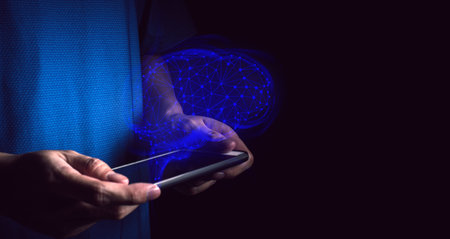 businessman hand touch on screen smartphone device for connecting to app artificial intelligence network, internet digital with data safety security cloud storage,fintech and blockchainの写真素材