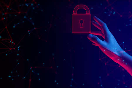 businessman hand hold the lock safety security icon with network social internet cloud storage conceptの写真素材