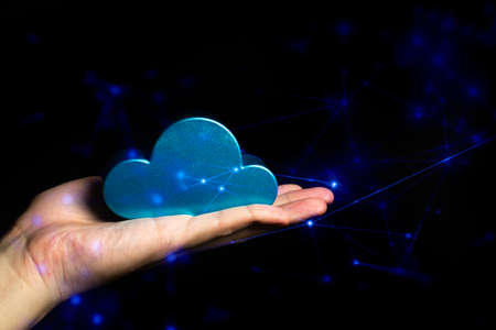hand holding the data cloud storage device with ai network connection for security privacy internet...