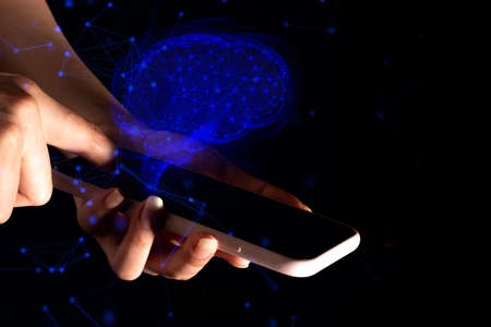 businessman hand touch on screen smartphone device for connecting to app artificial intelligence...