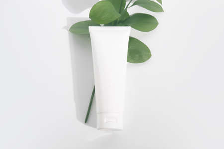 cosmetic lotion cream pakage tube with green natural leaf tree herbal with summer season, beauty spa...