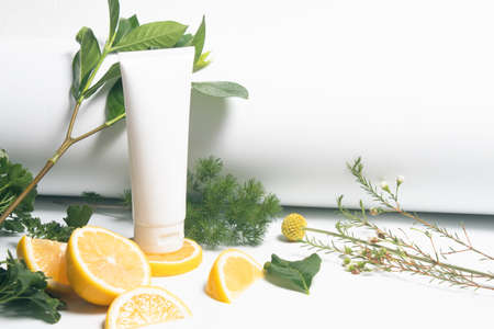 white beauty medical skincare bottle tube packaging with healthy food nutrition lemon fruit and...