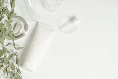 top view of herb tree leaf and beauty spa medical skincare concept, cosmetic lotion bottle packaging on white decor background with science doctor laboratory test glassの写真素材