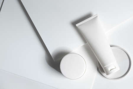 beauty spa medical skincare and cosmetic lotion cream serum oil mockup bottle packaging on white decor background, collagen healthcare medicine conceptの写真素材