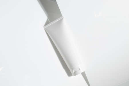 beauty spa medical skincare and cosmetic lotion cream serum oil mockup bottle packaging on white decor background, collagen healthcare medicine conceptの写真素材