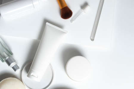 beauty spa medical skincare and cosmetic lotion cream serum oil mockup bottle packaging on white decor background, collagen healthcare medicine conceptの写真素材