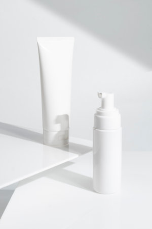beauty spa medical skincare and cosmetic lotion cream serum oil mockup bottle packaging on white decor background, collagen healthcare medicine conceptの写真素材