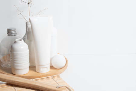 beauty treatment medical skincare and cosmetic lotion cream serum oil mockup bottle packaging product on white decor background, healthcare and medicine conceptの写真素材
