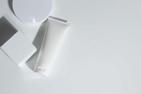 beauty treatment medical skincare and cosmetic lotion cream serum oil mockup bottle packaging product on white decor background, healthcare and medicine conceptの写真素材