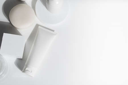 beauty treatment medical skincare and cosmetic lotion cream serum oil mockup bottle packaging product on white decor background, healthcare and medicine conceptの写真素材