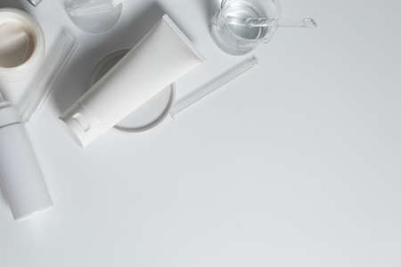 beauty spa medical skincare and cosmetic lotion cream serum oil mockup bottle packaging on white decor background, collagen healthcare medicine conceptの写真素材