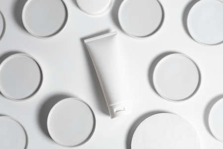 beauty spa medical skincare and cosmetic lotion cream serum oil mockup bottle packaging on white decor background, collagen healthcare medicine conceptの写真素材