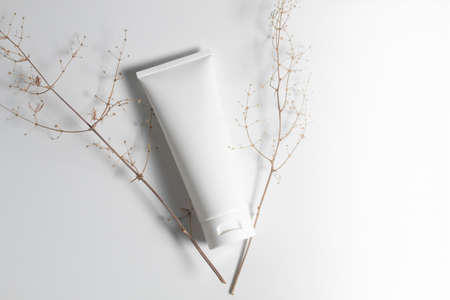 beauty spa medical skincare and cosmetic lotion cream serum oil mockup bottle packaging on white decor background, collagen healthcare medicine conceptの写真素材