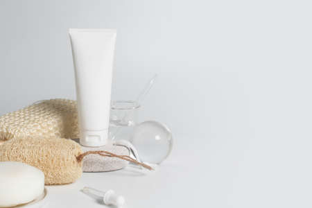 beauty treatment medical skincare and cosmetic lotion cream serum oil mockup bottle packaging product on white decor background, healthcare and medicine conceptの写真素材