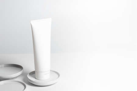 beauty spa medical skincare and cosmetic lotion cream serum oil mockup bottle packaging on white decor background, collagen healthcare medicine conceptの写真素材