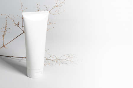 beauty spa medical skincare and cosmetic lotion cream serum oil mockup bottle packaging on white decor background, collagen healthcare medicine conceptの写真素材