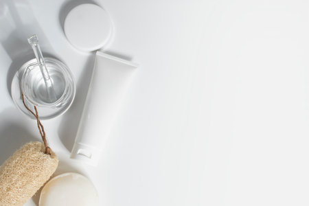 beauty treatment medical skincare and cosmetic lotion cream serum oil mockup bottle packaging product on white decor background, healthcare and medicine conceptの写真素材