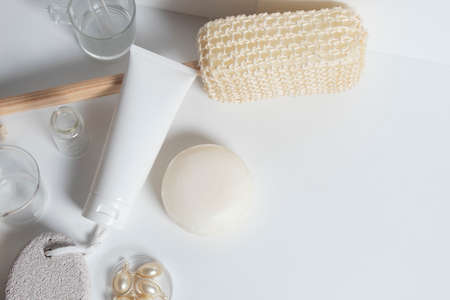 beauty treatment medical skincare and cosmetic lotion cream serum oil mockup bottle packaging product on white decor background, healthcare and medicine conceptの写真素材