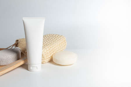 beauty treatment medical skincare and cosmetic lotion cream serum oil mockup bottle packaging product on white decor background, healthcare and medicine conceptの写真素材