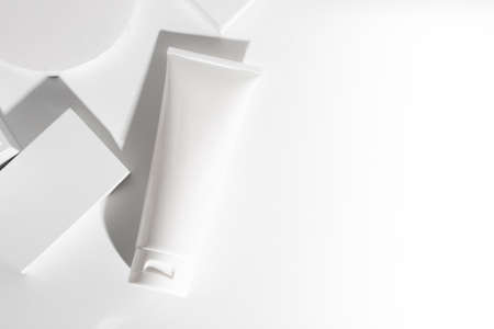 beauty treatment medical skincare and cosmetic lotion cream serum oil mockup bottle packaging product on white decor background, healthcare and medicine conceptの写真素材