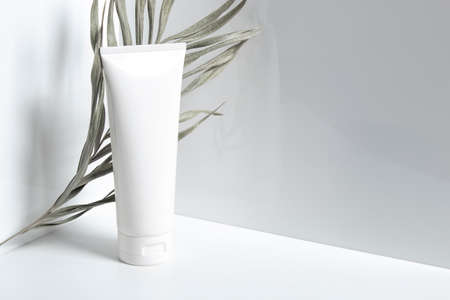 beauty treatment medical skincare and cosmetic lotion cream serum oil mockup bottle packaging product on white decor background, healthcare and medicine conceptの写真素材