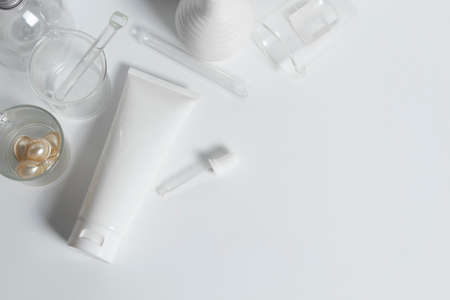 beauty treatment medical skincare and cosmetic lotion cream serum oil mockup bottle packaging product on white decor background, healthcare and medicine conceptの写真素材