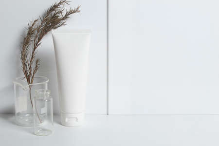 beauty treatment medical skincare and cosmetic lotion cream serum oil mockup bottle packaging product on white decor background, healthcare and medicine conceptの写真素材