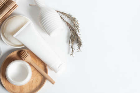 beauty treatment medical skincare and cosmetic lotion cream serum oil mockup bottle packaging product on white decor background, healthcare and medicine conceptの写真素材