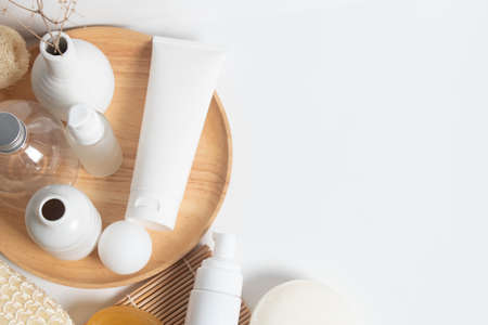 beauty treatment medical skincare and cosmetic lotion cream serum oil mockup bottle packaging product on white decor background, healthcare and medicine conceptの写真素材
