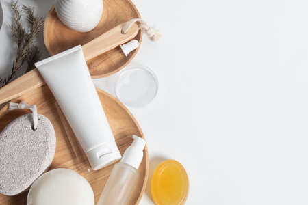 beauty treatment medical skincare and cosmetic lotion cream serum oil mockup bottle packaging product on white decor background, healthcare and medicine conceptの写真素材
