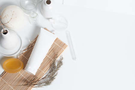 beauty treatment medical skincare and cosmetic lotion cream serum oil mockup bottle packaging product on white decor background, healthcare and medicine conceptの写真素材