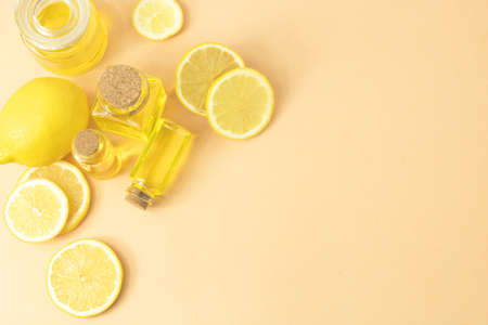 lemonade juice extract with bottle glass for food ingredients and cosmeticの写真素材