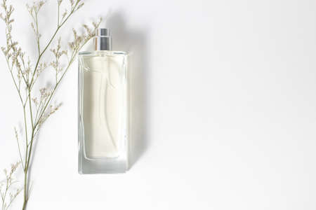 top view glass perfume bottle package product cosmetic beauty cologne aroma with with backgroundの写真素材
