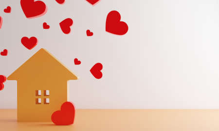 happiness family with love red heart decoration in festive holiday season greeting of valentine's day gift wedding background, 3d illustration renderingの写真素材