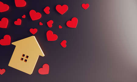 happiness family with love red heart decoration in festive holiday season greeting of valentine's day gift wedding background, 3d illustration renderingの写真素材