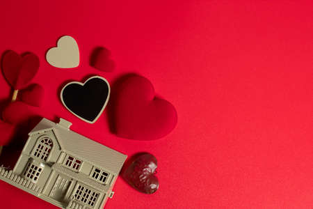 happiness family with love red heart decoration in festive holiday season greeting of valentine's day gift wedding backgroundの写真素材