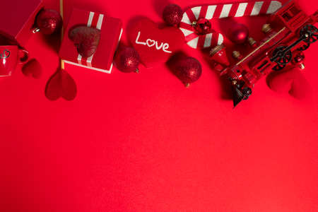 happiness family with love red heart in holiday season greeting of valentine's day background, gift for wedding lover conceptの写真素材